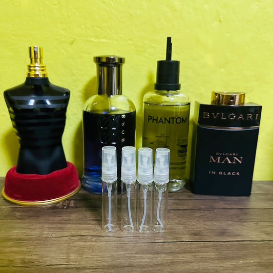 Cuatro muestras de Perfumes Populares Hombre (Phantom+Man in Black+Boss Infinite+Le male le Parfum)