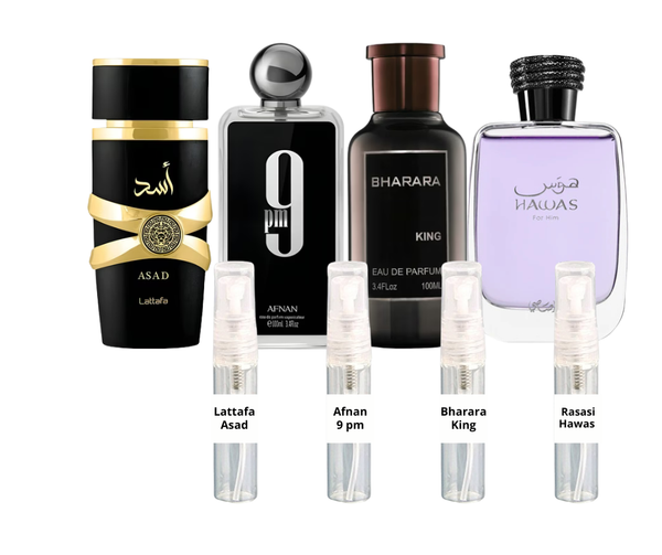 Cuatro Muestras Perfumes Arabes (Bharara King+Asad+9pm+Hawas) Hombre