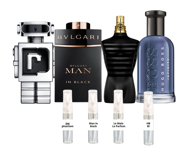 Cuatro muestras de Perfumes Populares Hombre (Phantom+Man in Black+Boss Infinite+Le male le Parfum)
